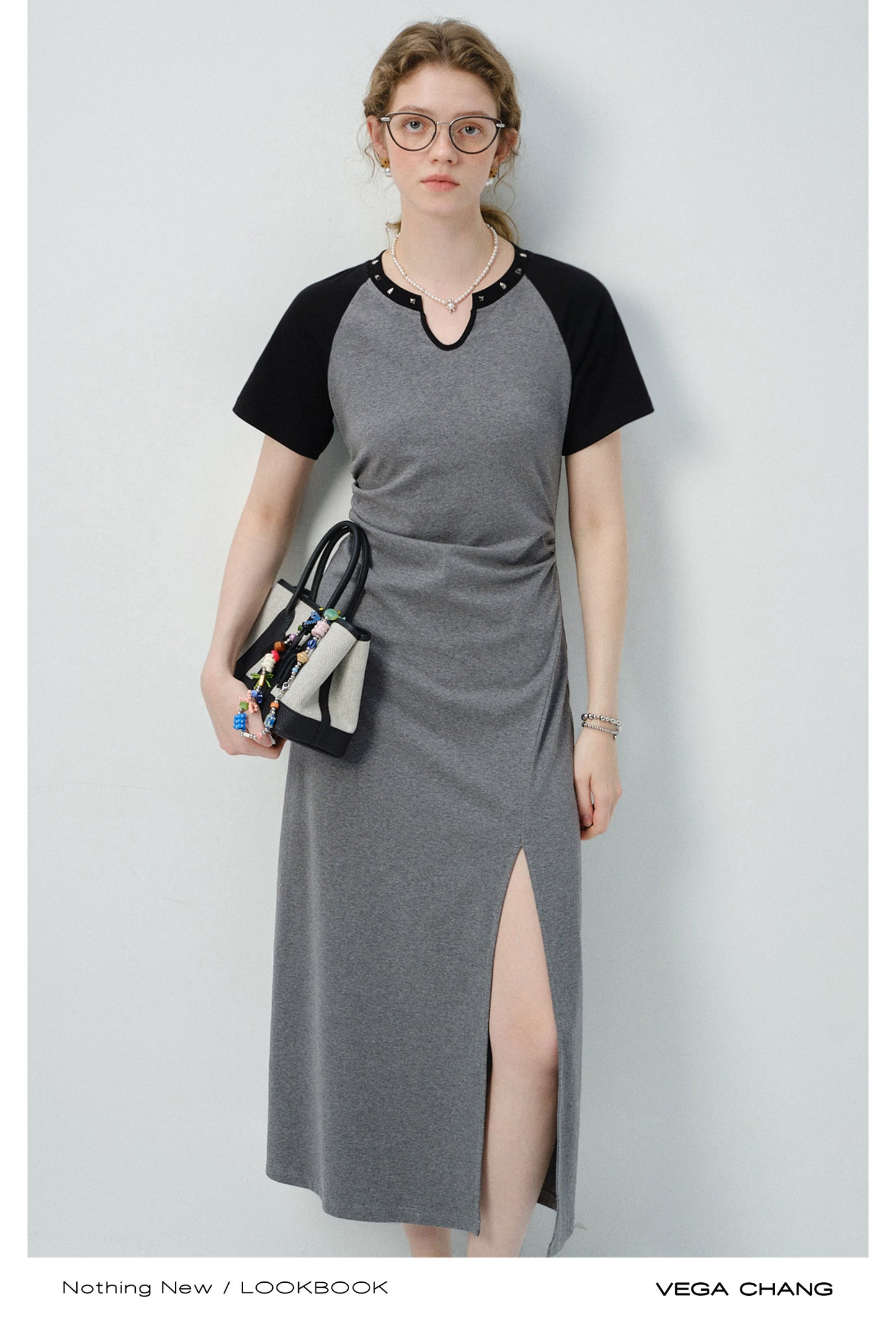 Studded-Neck Contrast T-Shirt Dress With Side Slit