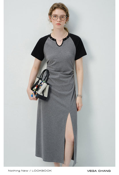 Studded-Neck Contrast T-Shirt Dress With Side Slit