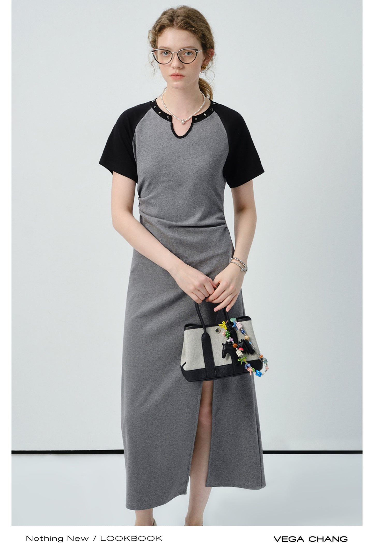 Studded-Neck Contrast T-Shirt Dress With Side Slit