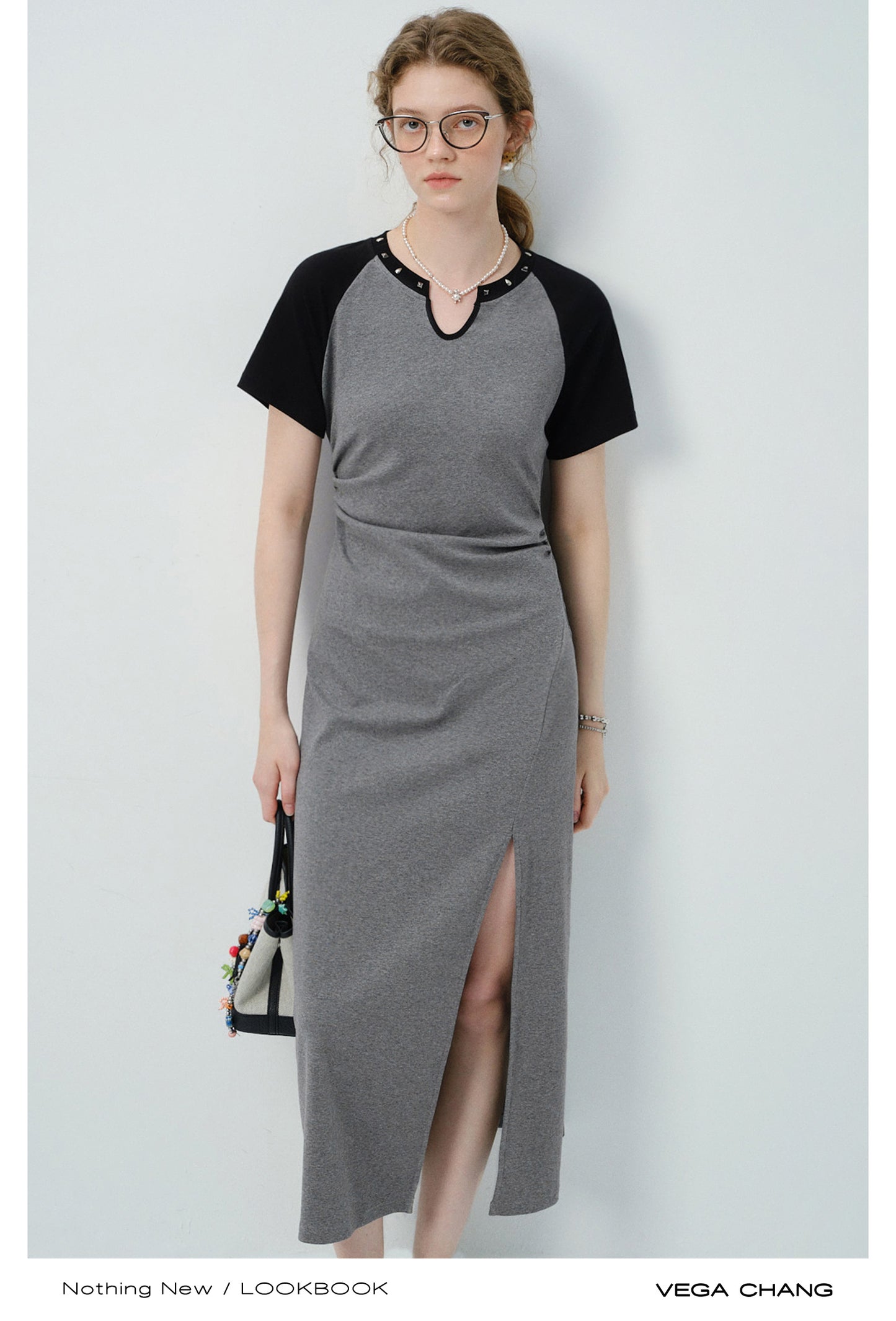 Studded-Neck Contrast T-Shirt Dress With Side Slit