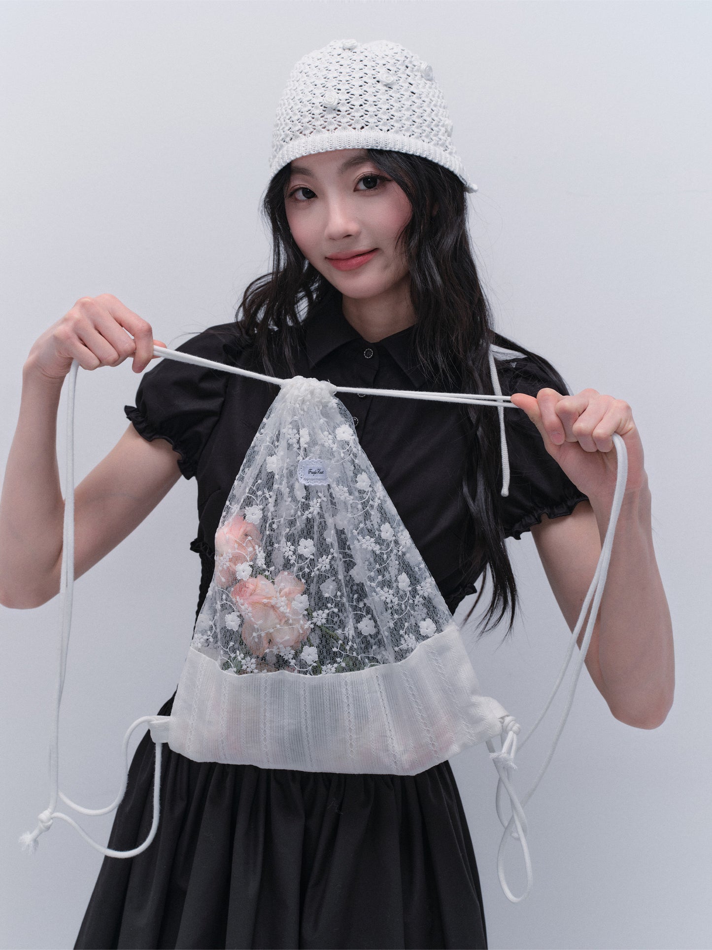 Floral Sheer Lace Drawstring Backpack