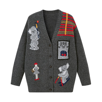 Koala Motif Jacquard Retro Knit Cardigan