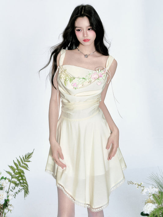 Ruched Asymmetrical Floral Dress With Straps