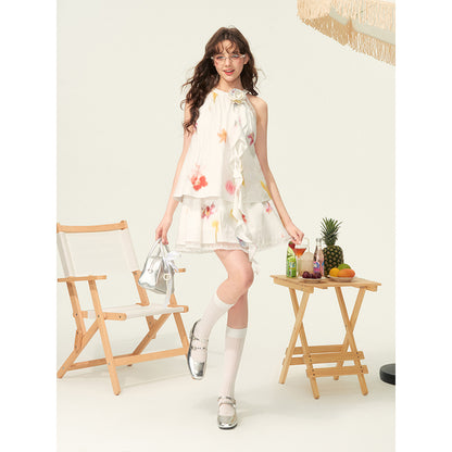 Floral Print Layered Cotton Dress With Ruffle Detail