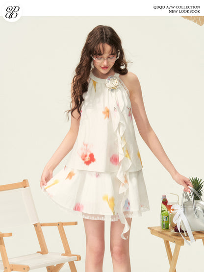 Floral Print Layered Cotton Dress With Ruffle Detail