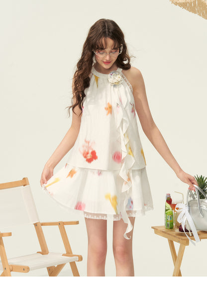 Floral Print Layered Cotton Dress With Ruffle Detail