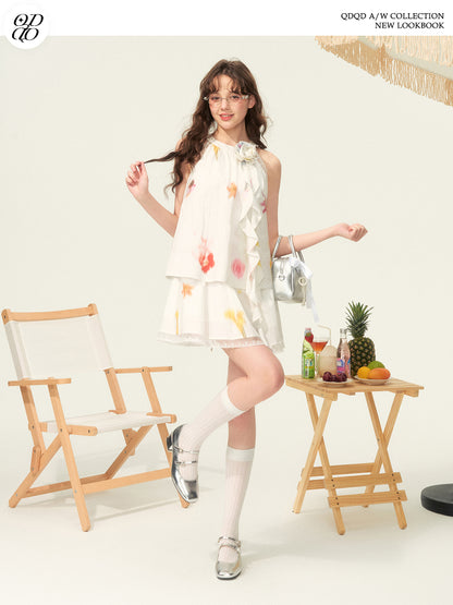 Floral Print Layered Cotton Dress With Ruffle Detail