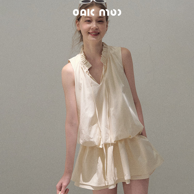 Bubble Waist Mini Dress With Tie Neck