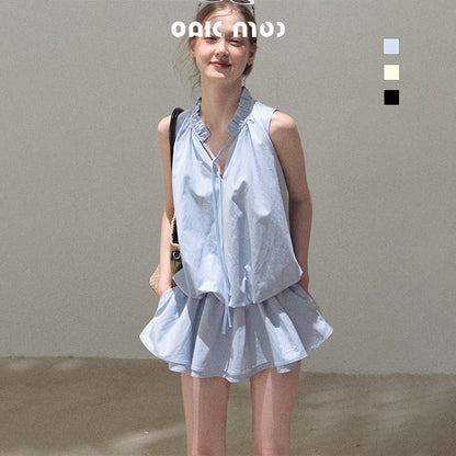 Bubble Waist Mini Dress With Tie Neck