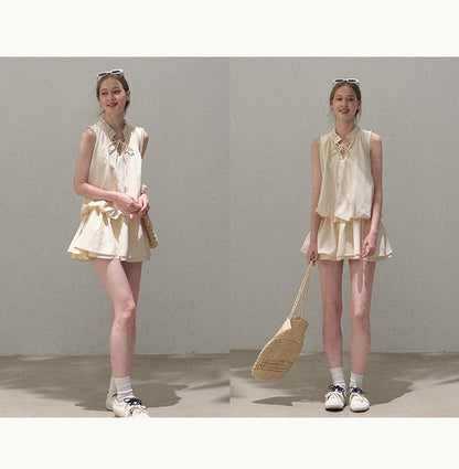 Bubble Waist Mini Dress With Tie Neck