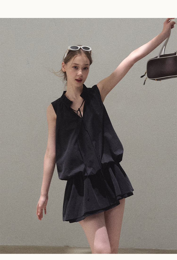 Bubble Waist Mini Dress With Tie Neck