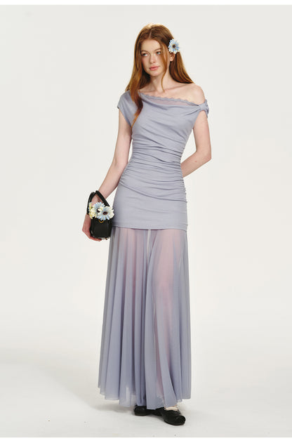 One-Shoulder Dress With Ruched Detail And Sheer Bottom