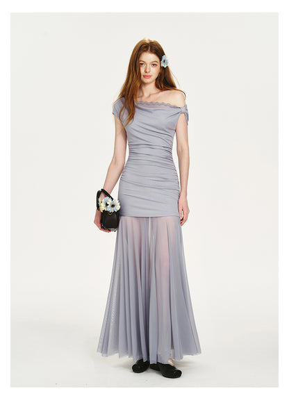 One-Shoulder Dress With Ruched Detail And Sheer Bottom