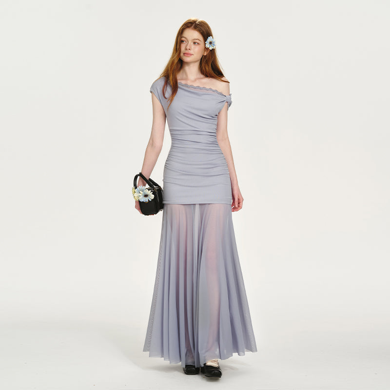 One-Shoulder Dress With Ruched Detail And Sheer Bottom