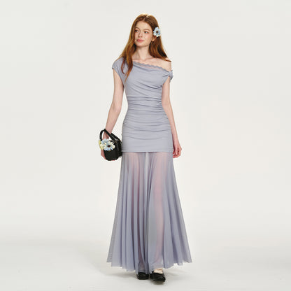 One-Shoulder Dress With Ruched Detail And Sheer Bottom