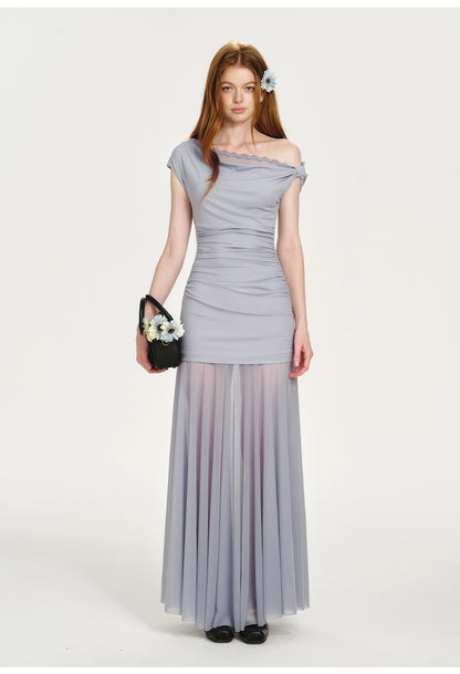 One-Shoulder Dress With Ruched Detail And Sheer Bottom