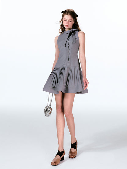 Structured Pleated Flare Dress With Tie Neck