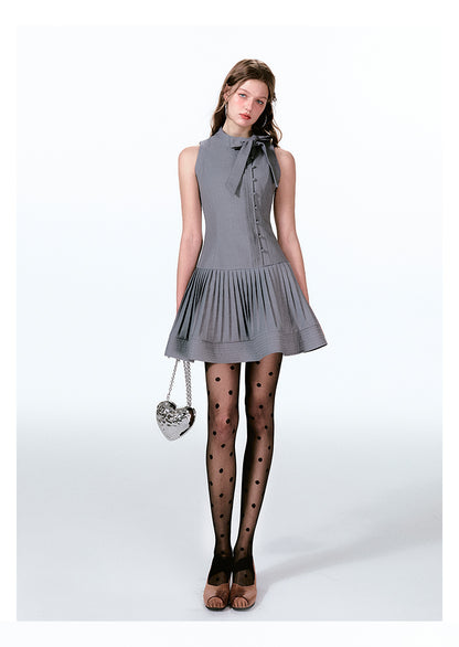 Structured Pleated Flare Dress With Tie Neck