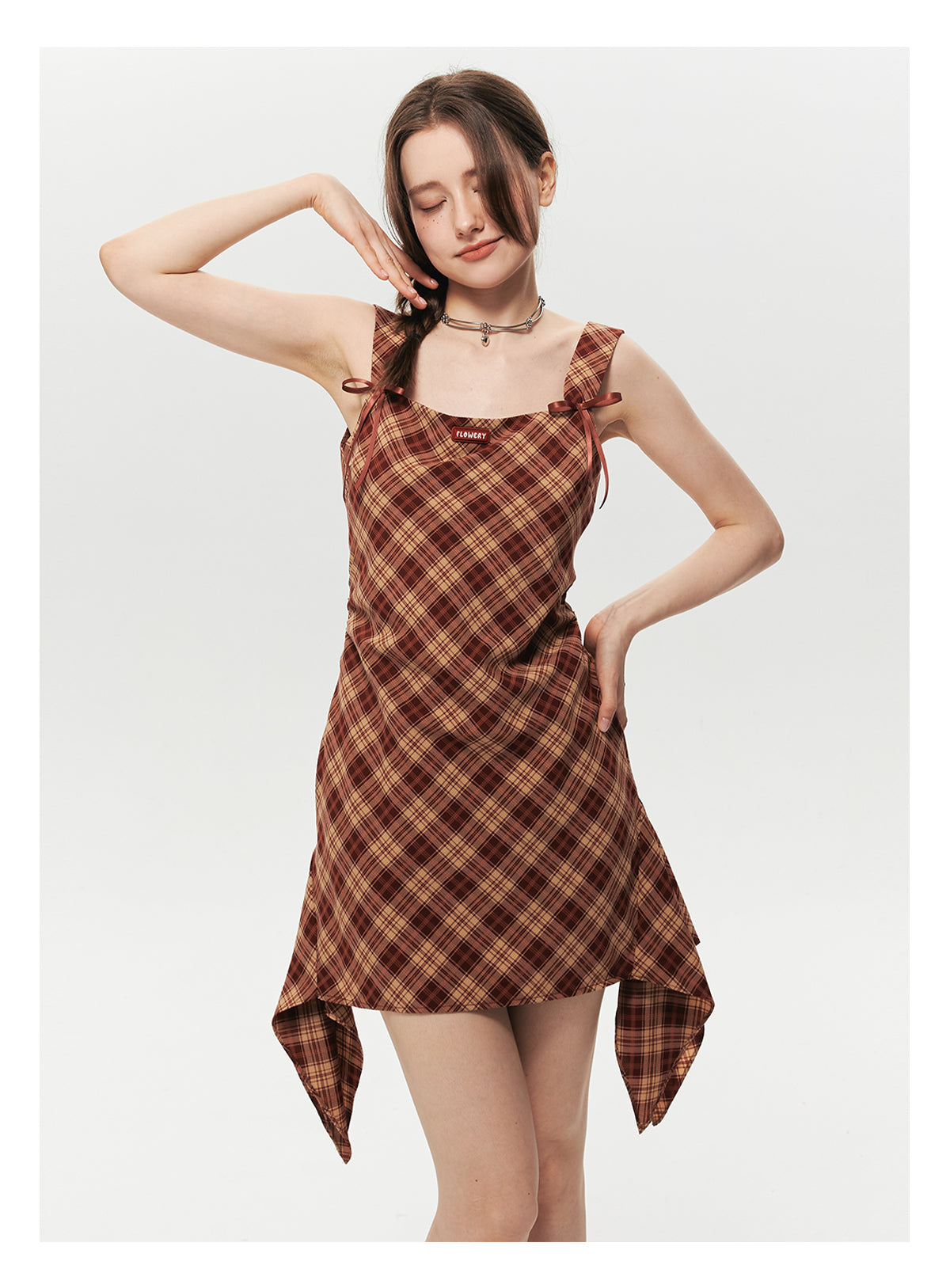 Asymmetrical Strapped Dress In Diamond Plaid With Bow Detail