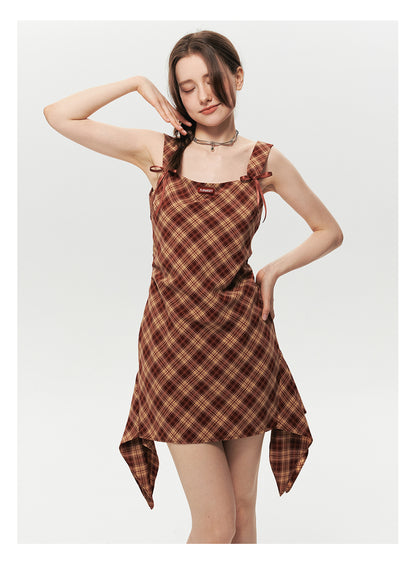 Asymmetrical Strapped Dress In Diamond Plaid With Bow Detail