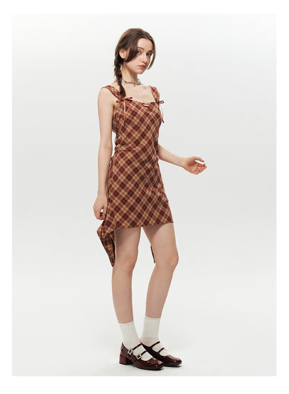 Asymmetrical Strapped Dress In Diamond Plaid With Bow Detail