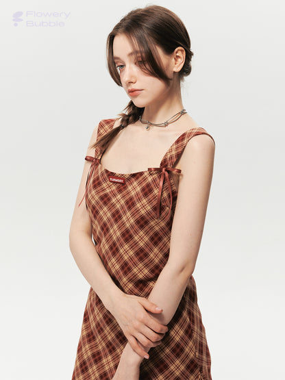 Asymmetrical Strapped Dress In Diamond Plaid With Bow Detail