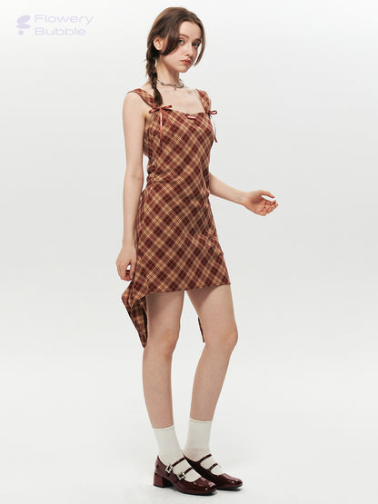 Asymmetrical Strapped Dress In Diamond Plaid With Bow Detail
