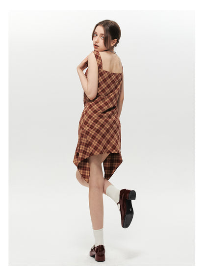 Asymmetrical Strapped Dress In Diamond Plaid With Bow Detail