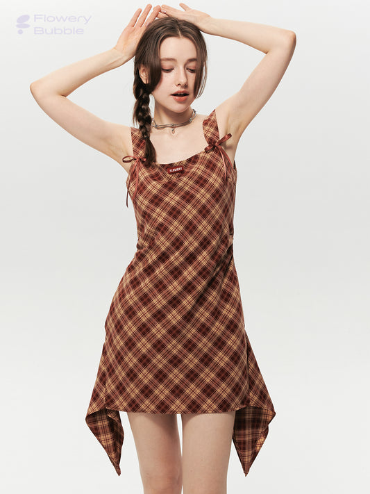 Asymmetrical Strapped Dress In Diamond Plaid With Bow Detail