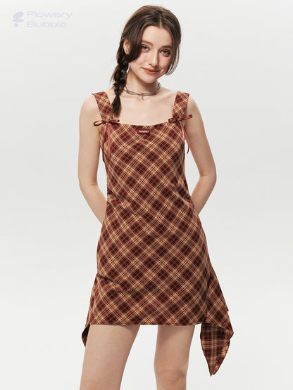 Asymmetrical Strapped Dress In Diamond Plaid With Bow Detail