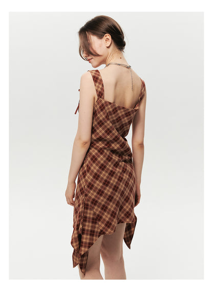 Asymmetrical Strapped Dress In Diamond Plaid With Bow Detail