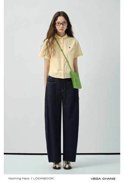 Round Collar Short-Sleeve Embroidered Shirt