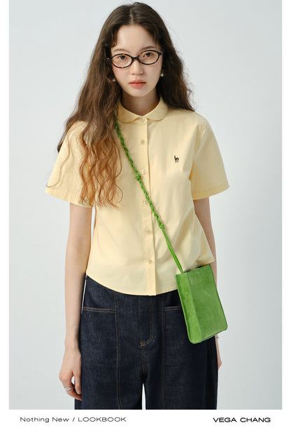 Round Collar Short-Sleeve Embroidered Shirt