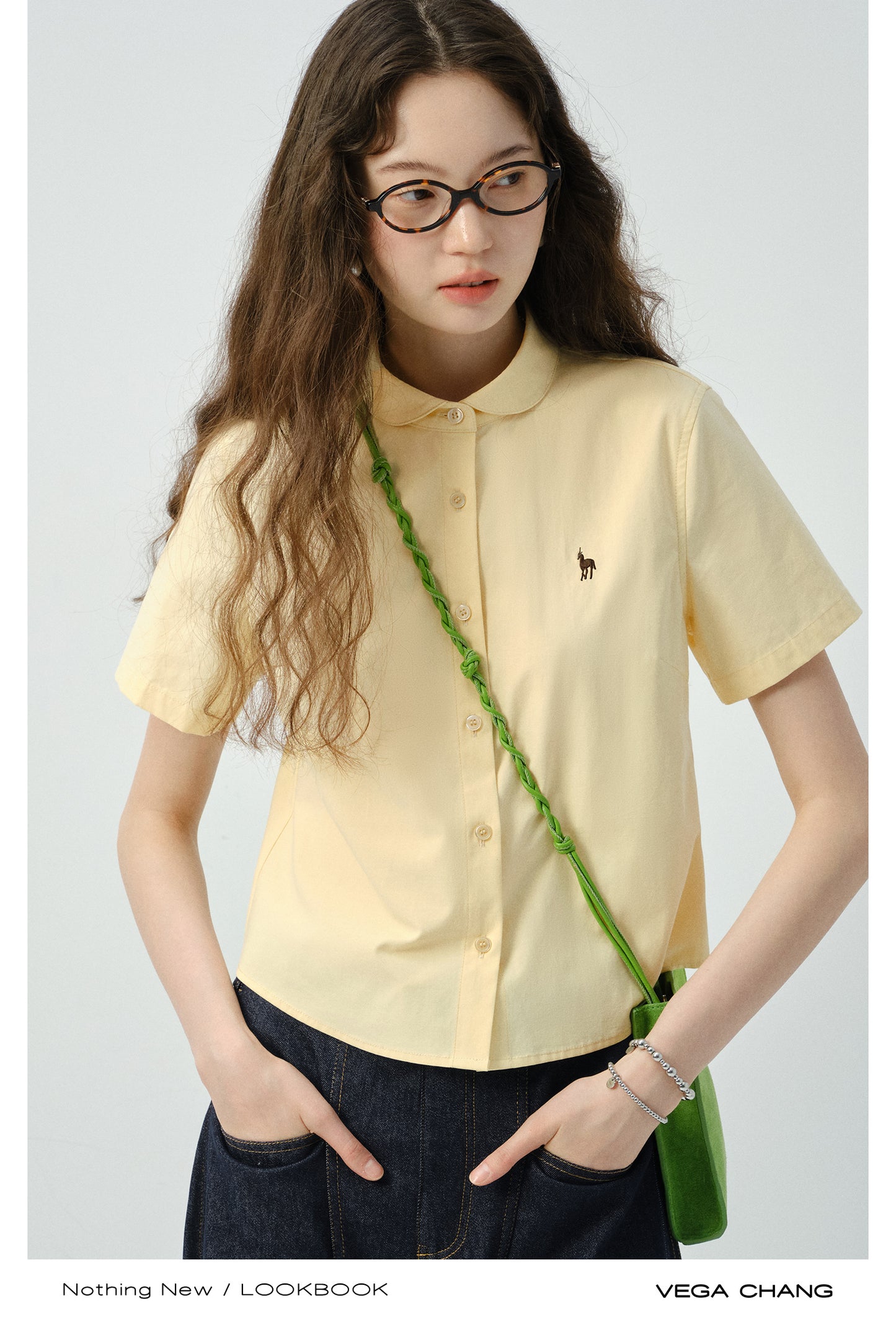 Round Collar Short-Sleeve Embroidered Shirt