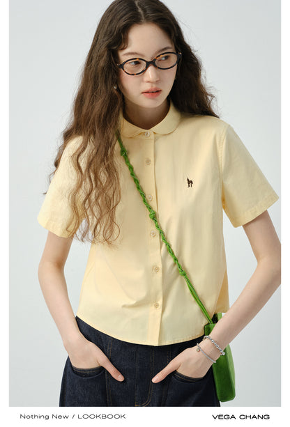 Round Collar Short-Sleeve Embroidered Shirt
