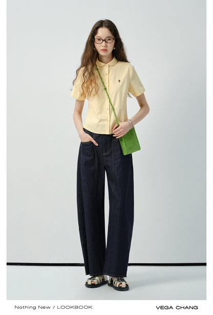 Round Collar Short-Sleeve Embroidered Shirt