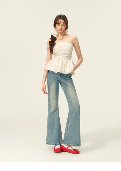 Small Floral Print Ruched Peplum Tube Top