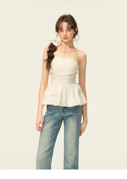 Small Floral Print Ruched Peplum Tube Top