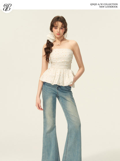 Small Floral Print Ruched Peplum Tube Top