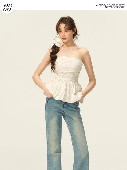 Small Floral Print Ruched Peplum Tube Top
