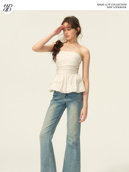 Small Floral Print Ruched Peplum Tube Top