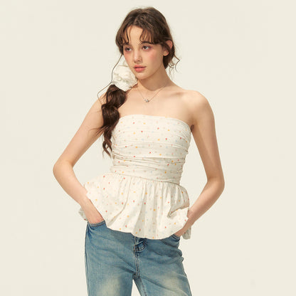 Small Floral Print Ruched Peplum Tube Top