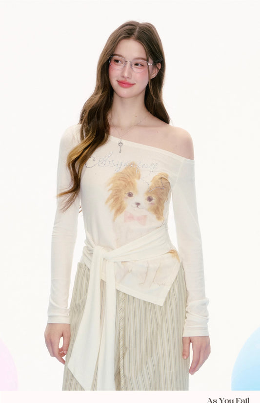 Dog Print Off-Shoulder Top With Tie Waist