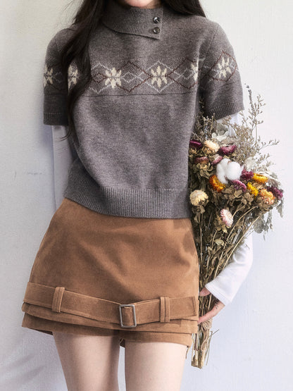 Faux Suede Mini Skirt With Hem Belt Accent