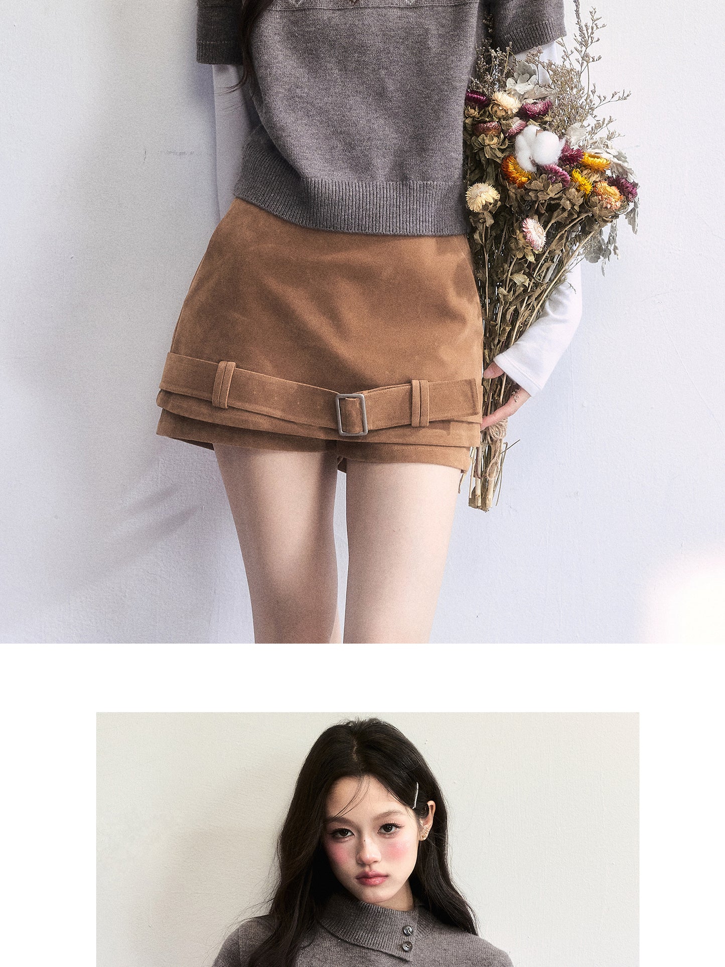 Faux Suede Mini Skirt With Hem Belt Accent