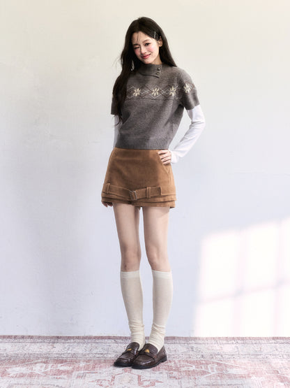 Faux Suede Mini Skirt With Hem Belt Accent