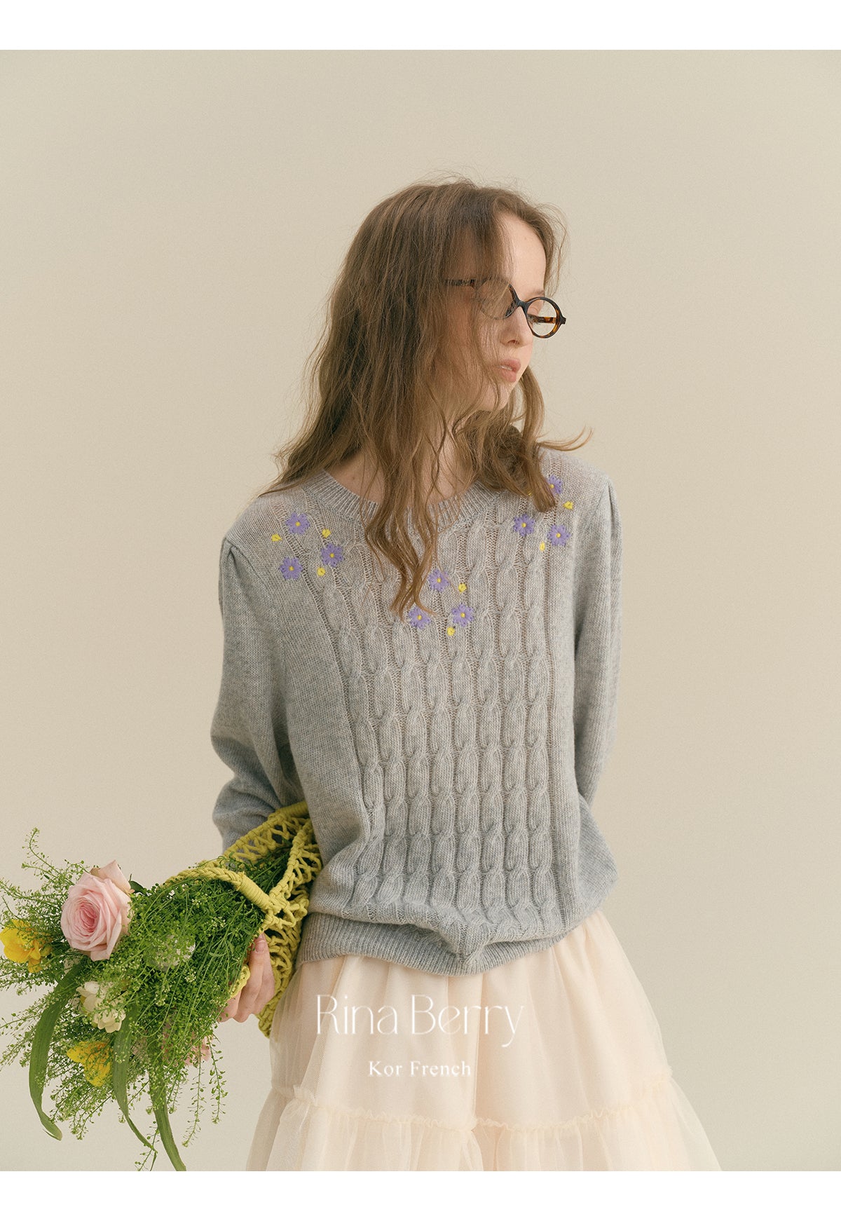 Soft Wool-Blend Cable Knit With Floral Detail