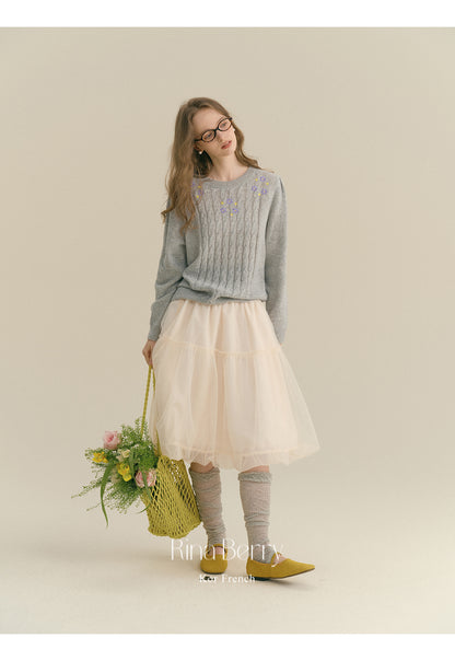 Soft Wool-Blend Cable Knit With Floral Detail