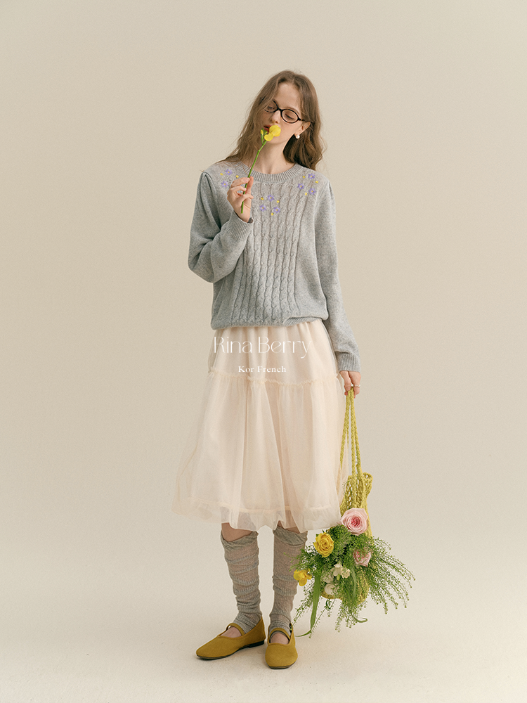 Soft Wool-Blend Cable Knit With Floral Detail