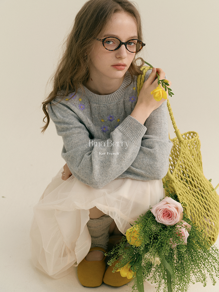 Soft Wool-Blend Cable Knit With Floral Detail